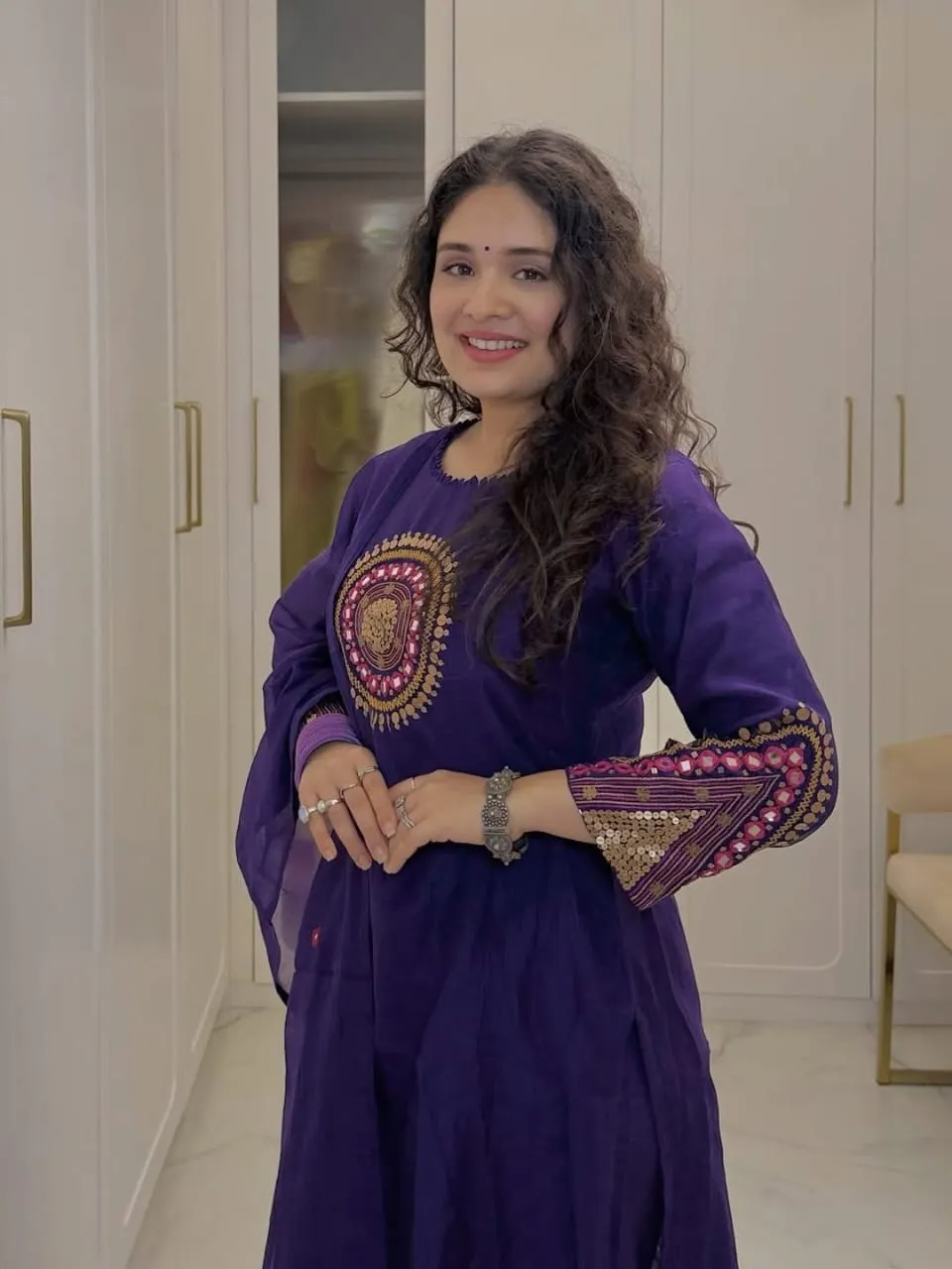 Mirror Work Cotton Kurti Pant Set with Dupatta | Yoke Embroidery Suit