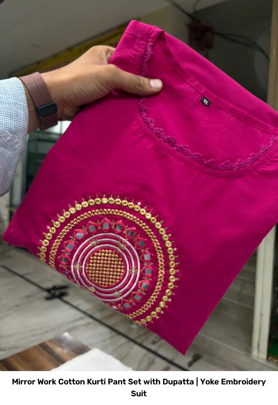 Mirror Work Cotton Kurti Pant Set with Dupatta | Yoke Embroidery Suit 11