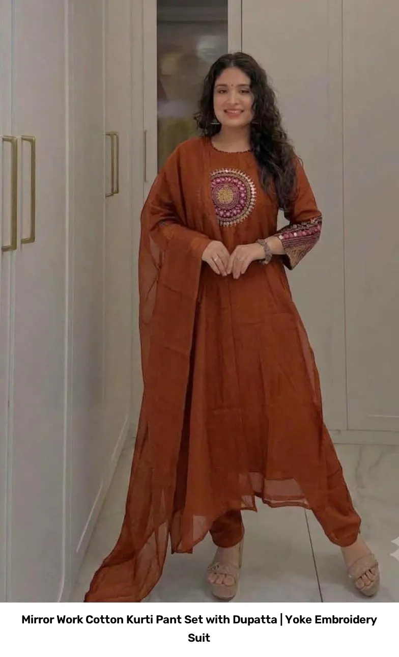 Mirror Work Cotton Kurti Pant Set with Dupatta | Yoke Embroidery Suit 12