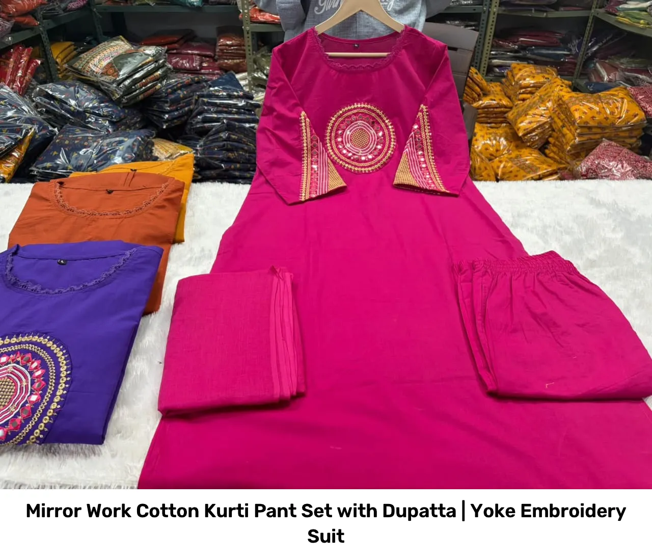 Mirror Work Cotton Kurti Pant Set with Dupatta | Yoke Embroidery Suit 13
