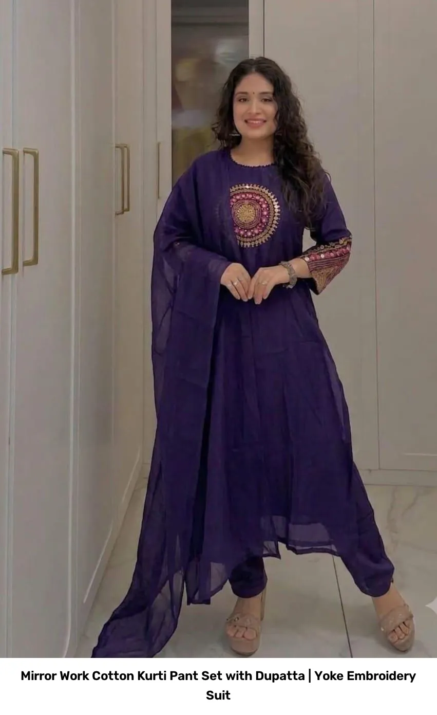 Mirror Work Cotton Kurti Pant Set with Dupatta | Yoke Embroidery Suit 2