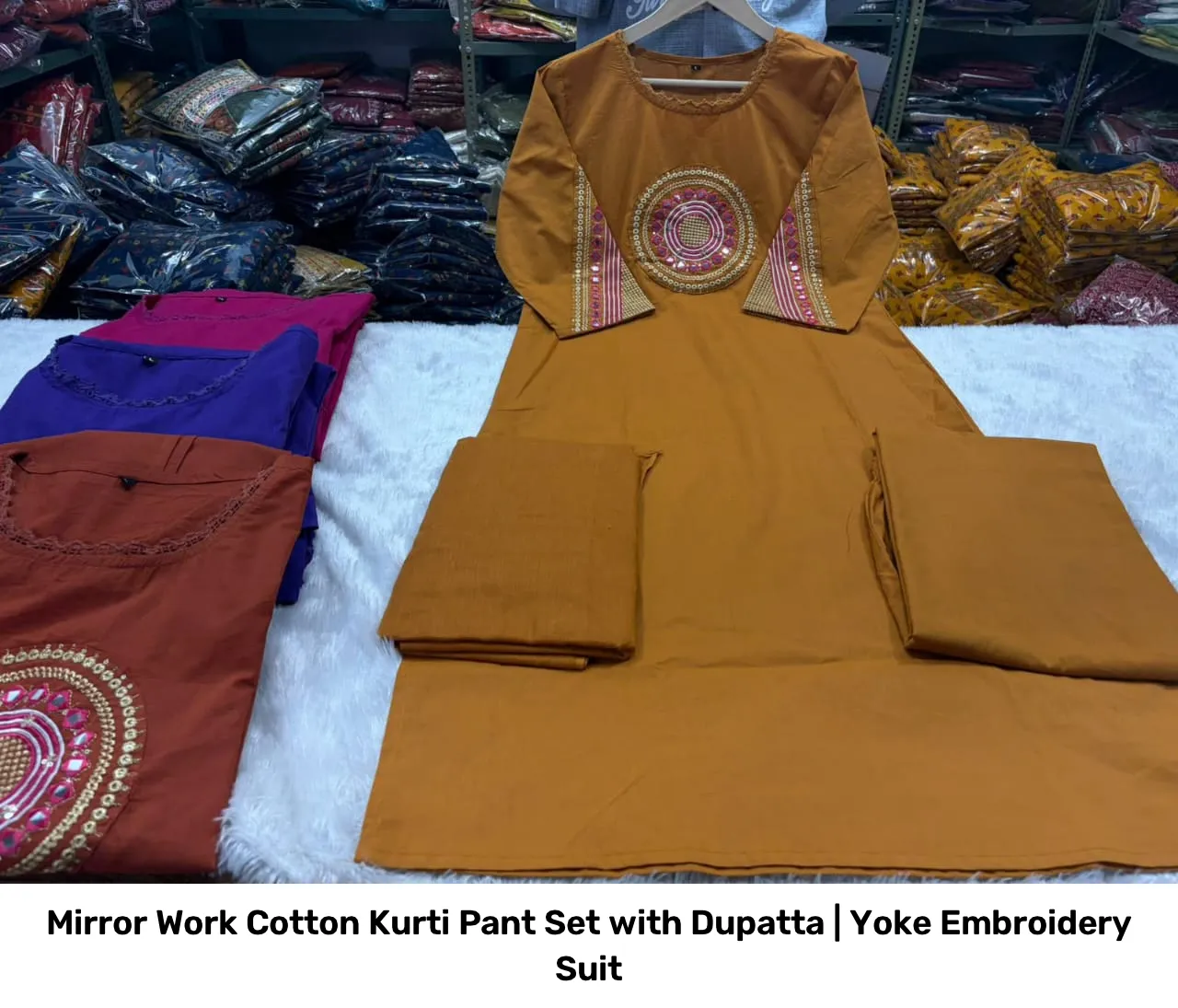 Mirror Work Cotton Kurti Pant Set with Dupatta | Yoke Embroidery Suit 3
