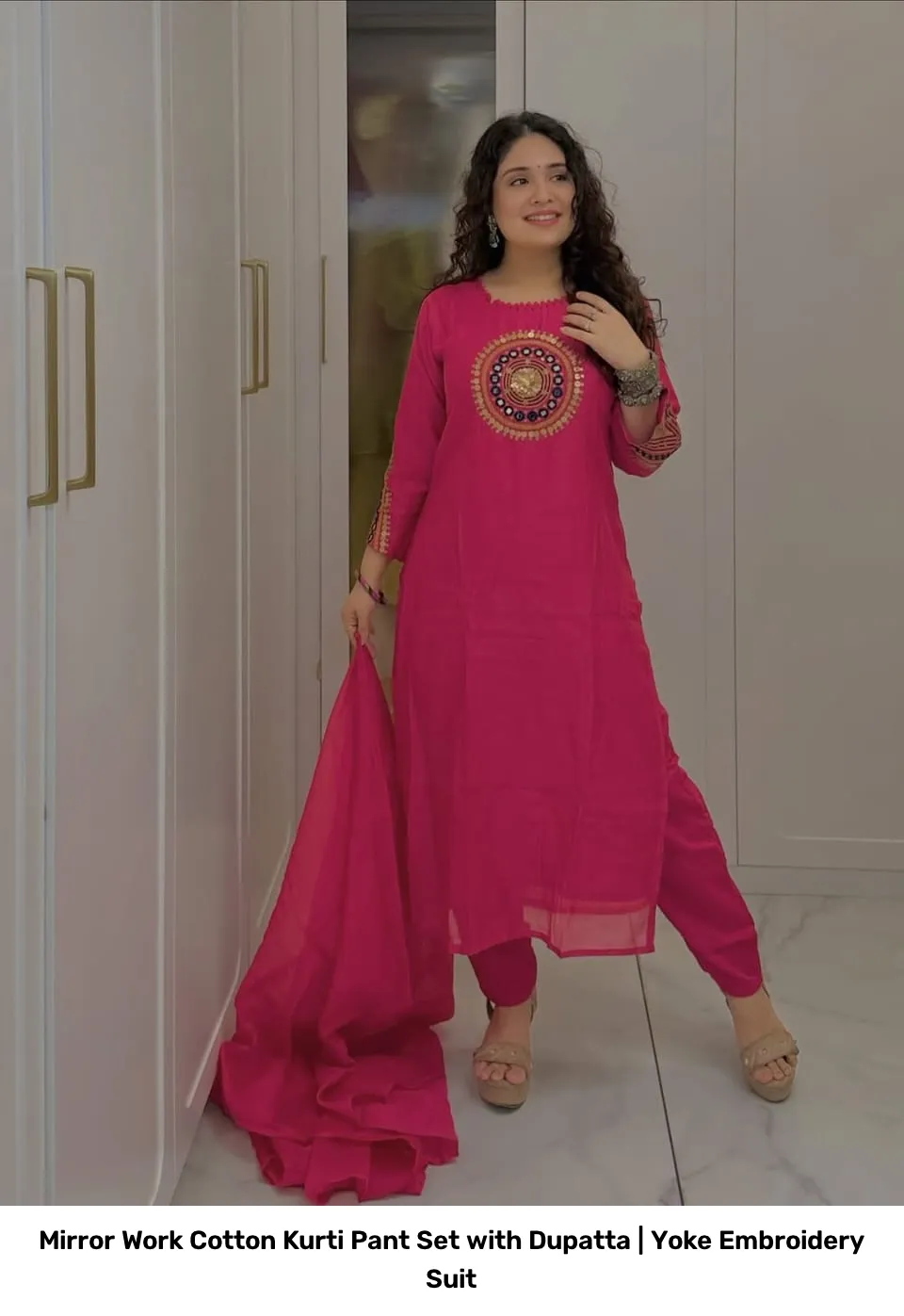 Mirror Work Cotton Kurti Pant Set with Dupatta | Yoke Embroidery Suit 4