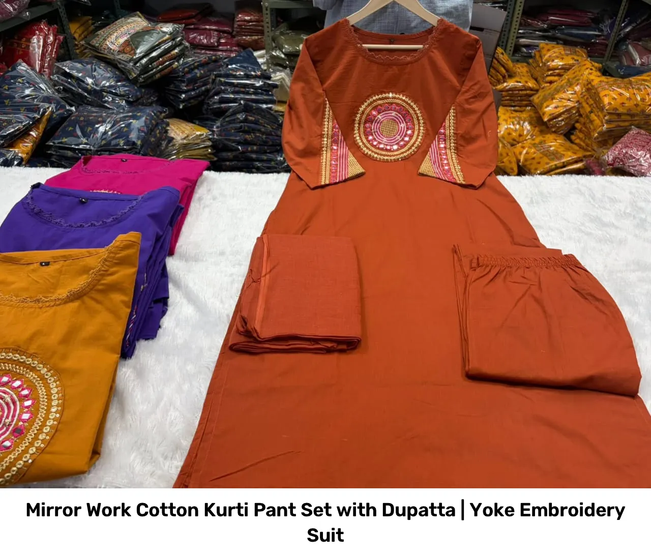 Mirror Work Cotton Kurti Pant Set with Dupatta | Yoke Embroidery Suit 5
