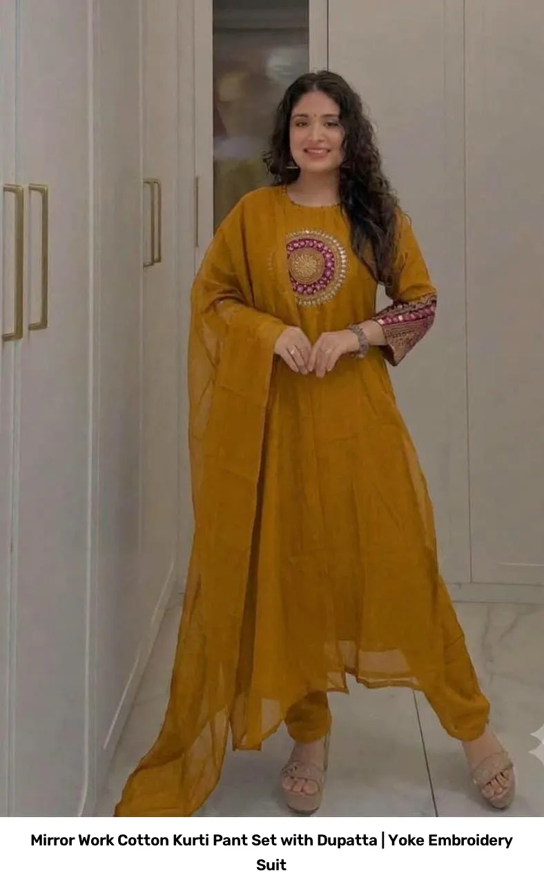 Mirror Work Cotton Kurti Pant Set with Dupatta | Yoke Embroidery Suit 6