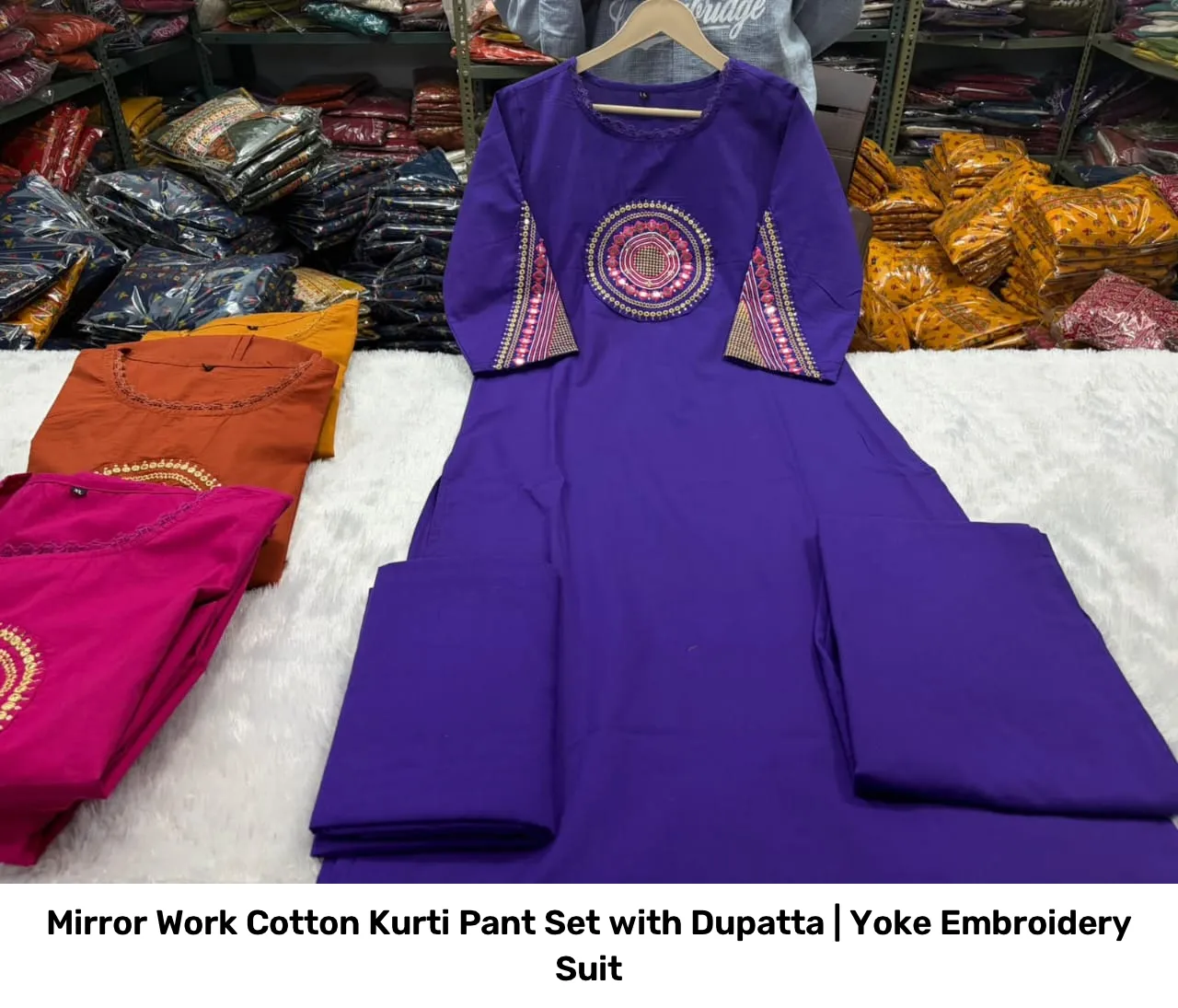 Mirror Work Cotton Kurti Pant Set with Dupatta | Yoke Embroidery Suit 9