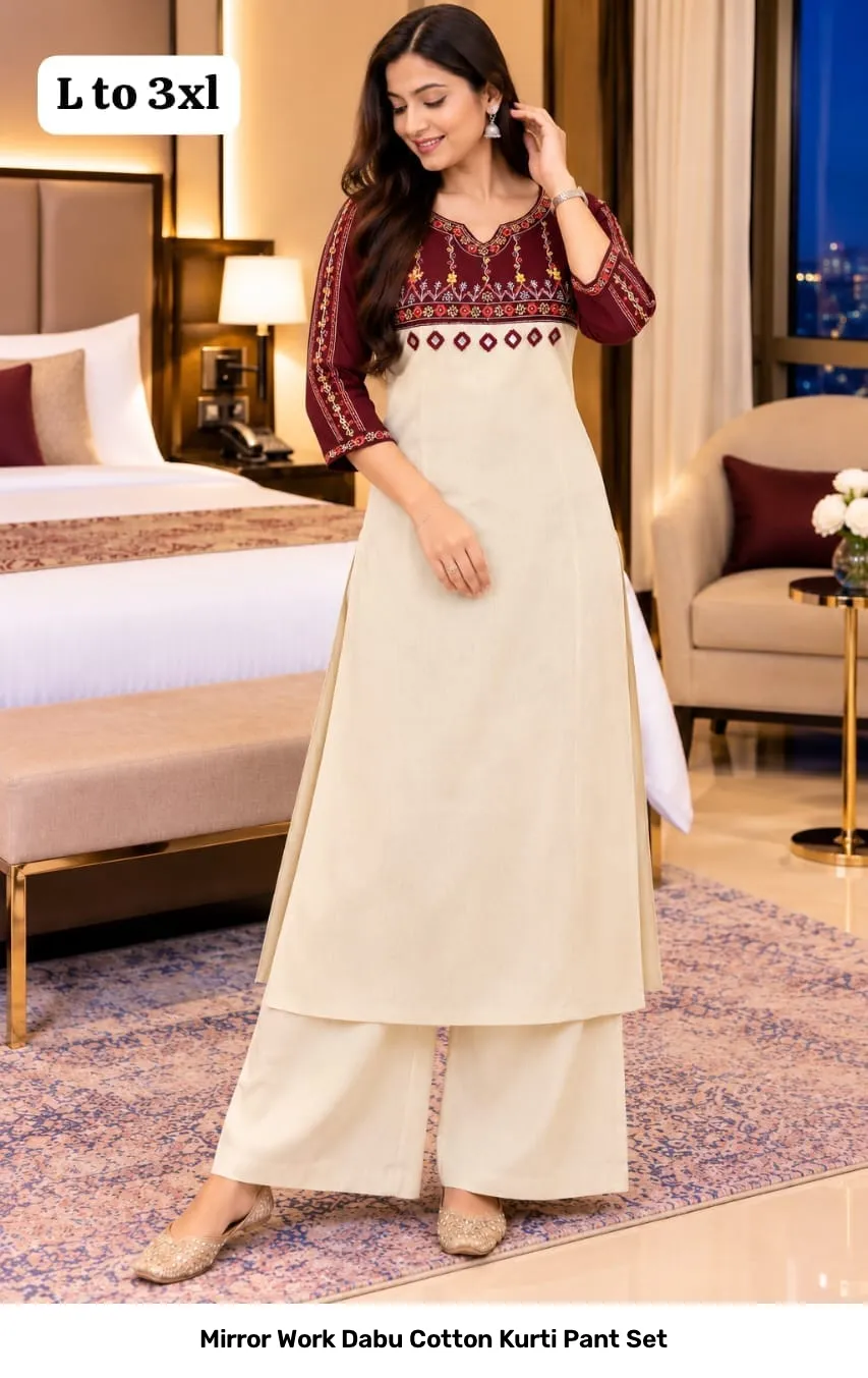 Mirror Work Dabu Cotton Kurti Pant Set 10