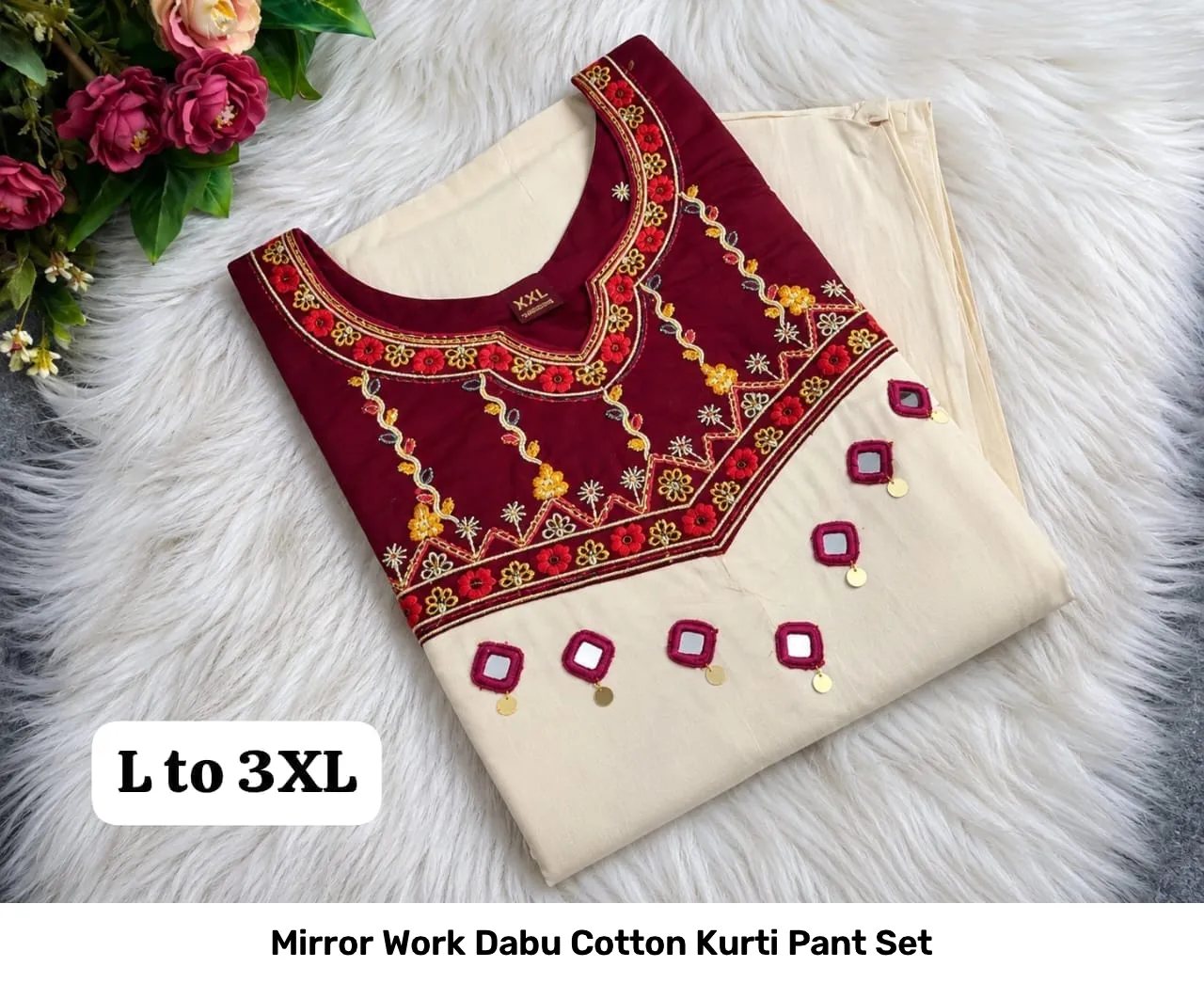 Mirror Work Dabu Cotton Kurti Pant Set 11