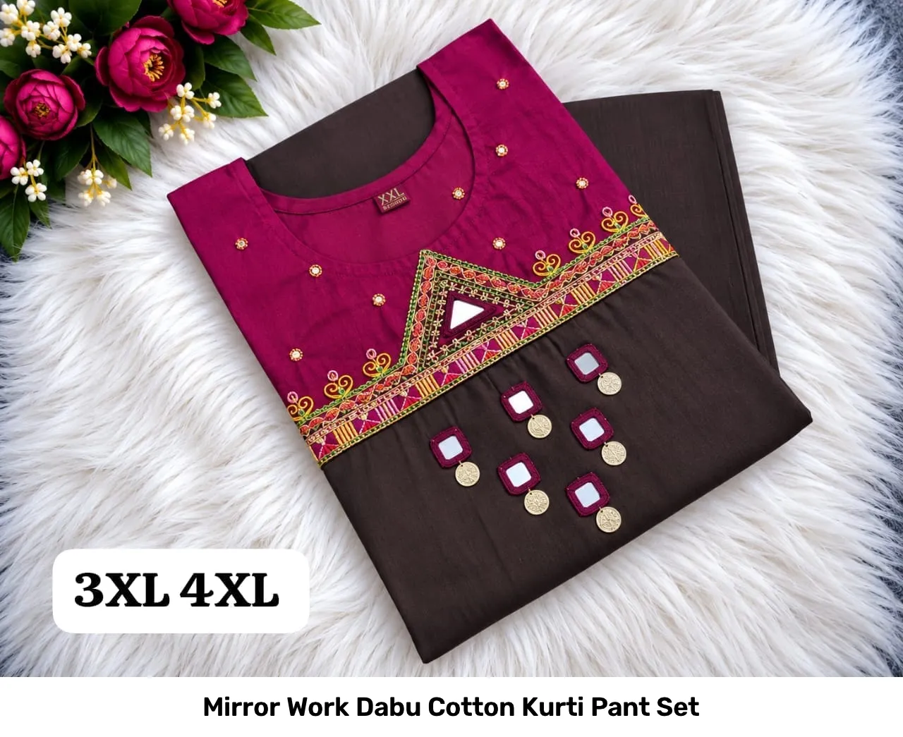 Mirror Work Dabu Cotton Kurti Pant Set 12