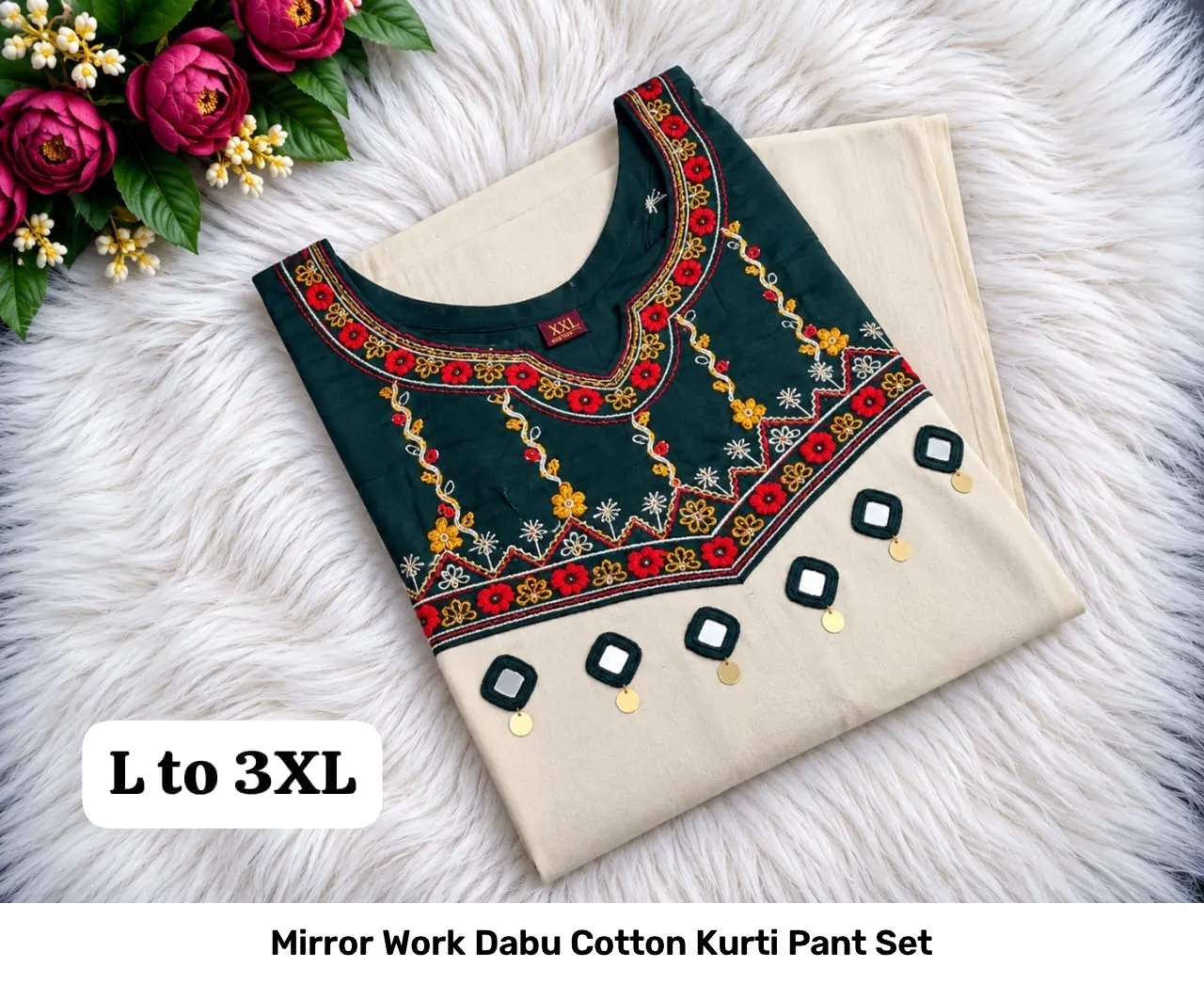 Mirror Work Dabu Cotton Kurti Pant Set 13