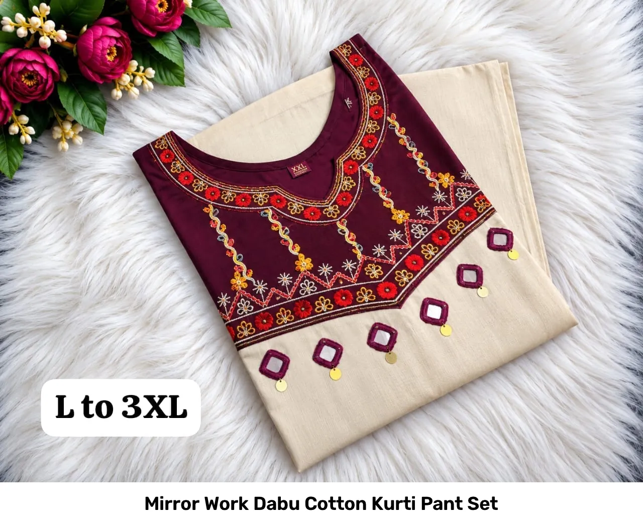 Mirror Work Dabu Cotton Kurti Pant Set 2