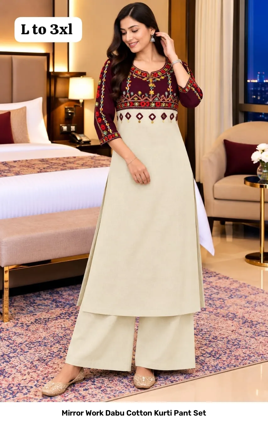 Mirror Work Dabu Cotton Kurti Pant Set 3