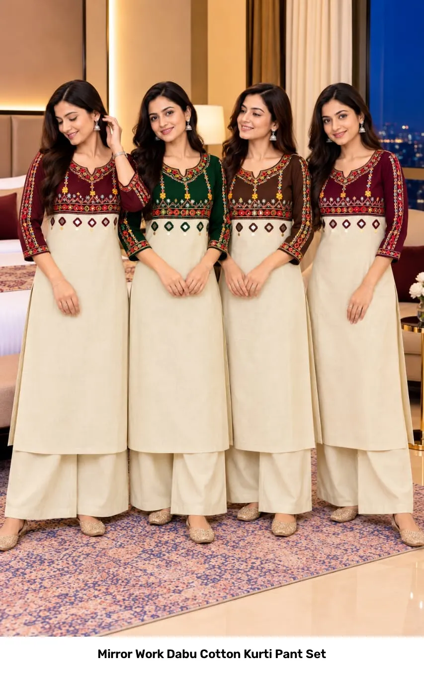 Mirror Work Dabu Cotton Kurti Pant Set 4
