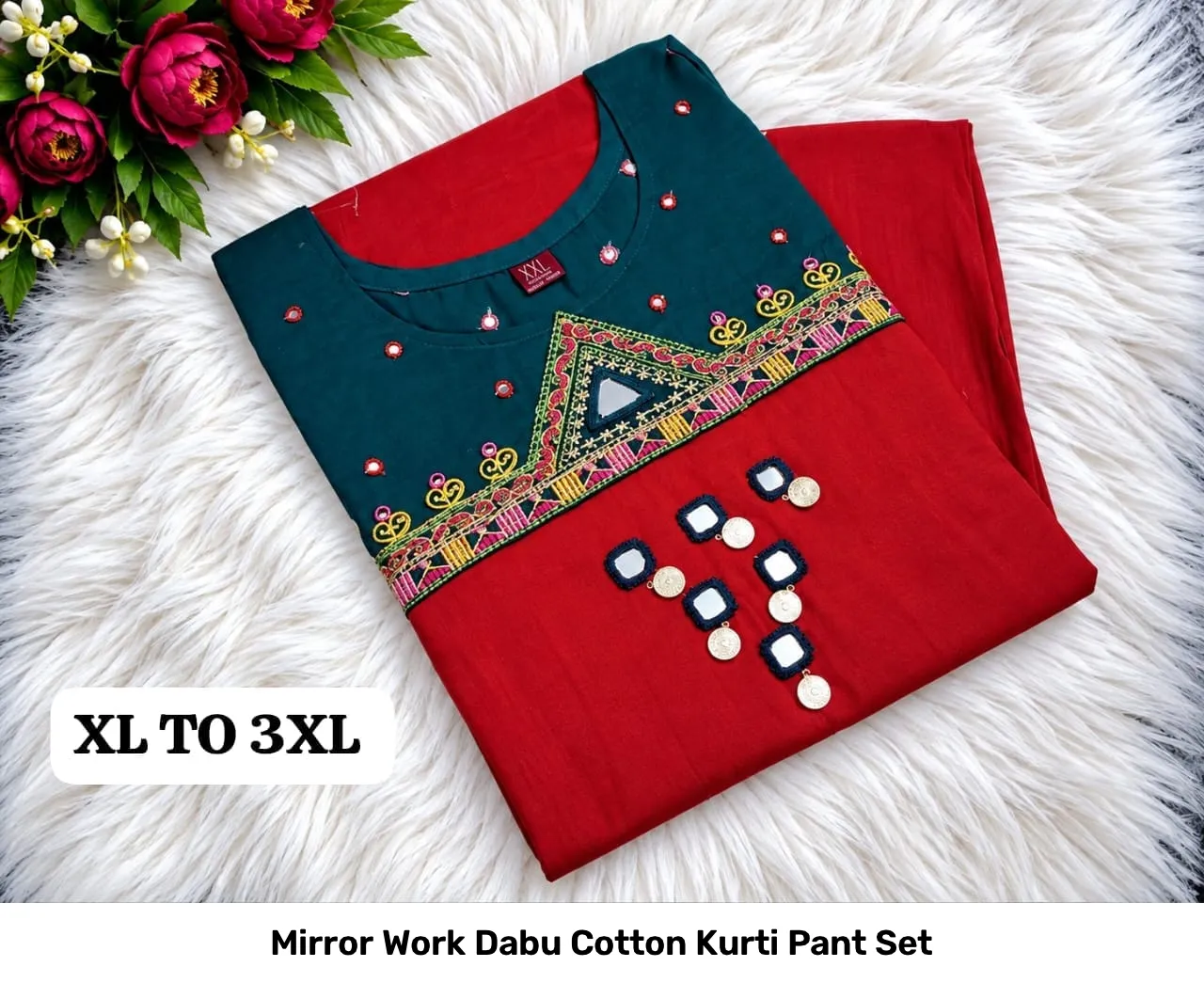Mirror Work Dabu Cotton Kurti Pant Set 5