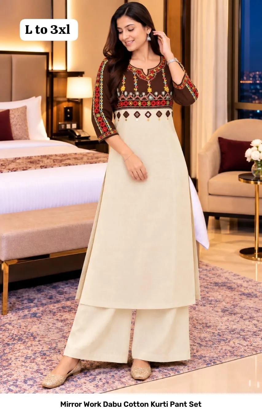 Mirror Work Dabu Cotton Kurti Pant Set 6