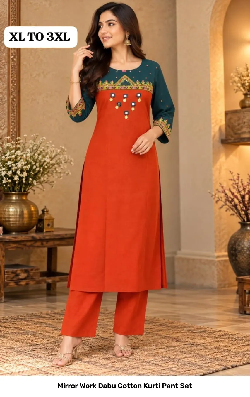 Mirror Work Dabu Cotton Kurti Pant Set 7