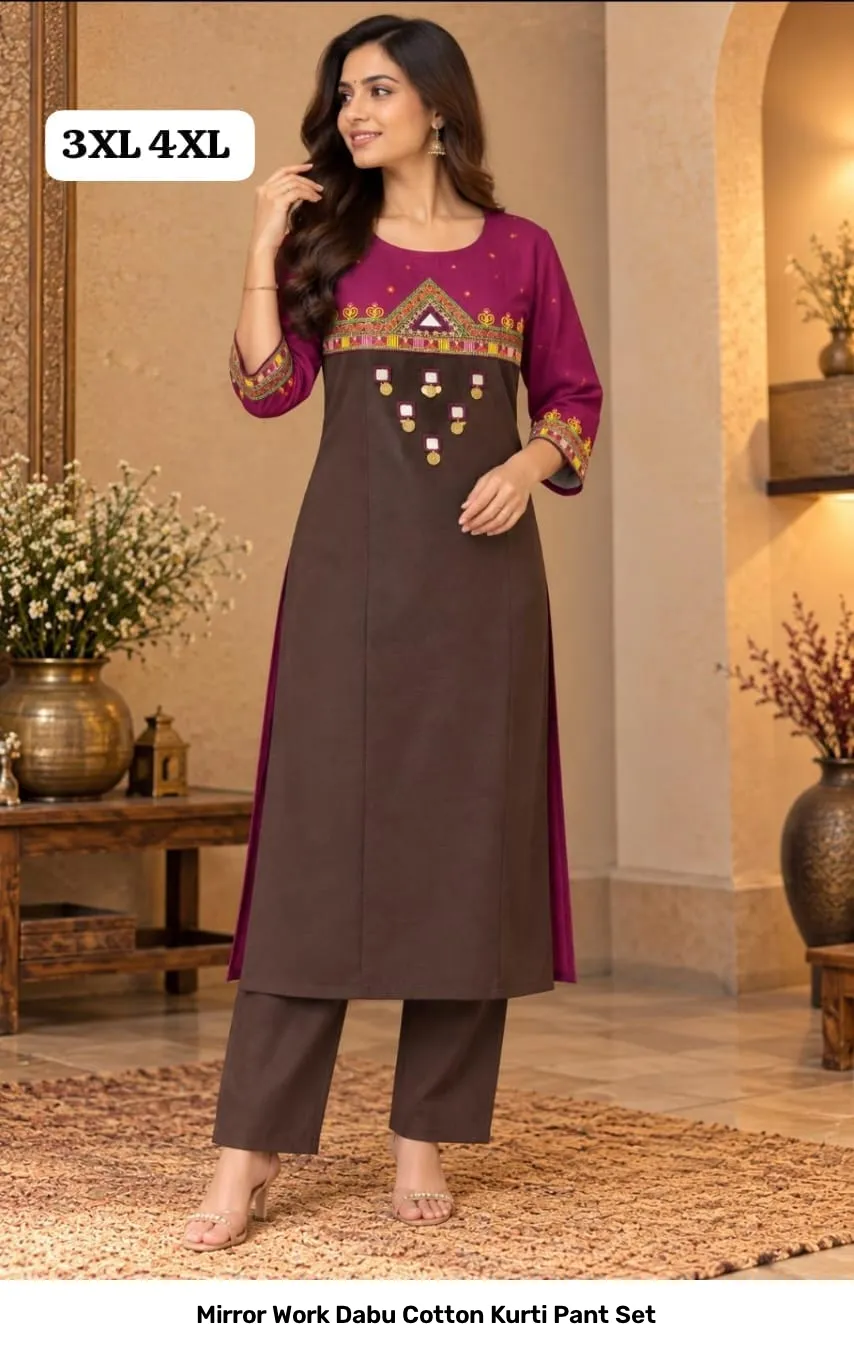 Mirror Work Dabu Cotton Kurti Pant Set 8
