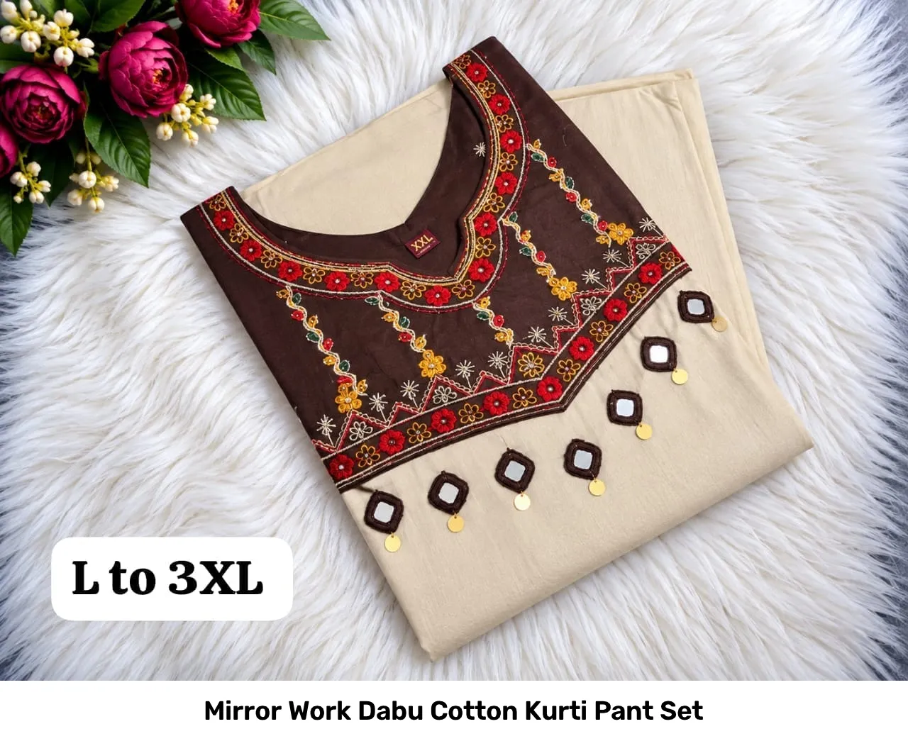 Mirror Work Dabu Cotton Kurti Pant Set 9