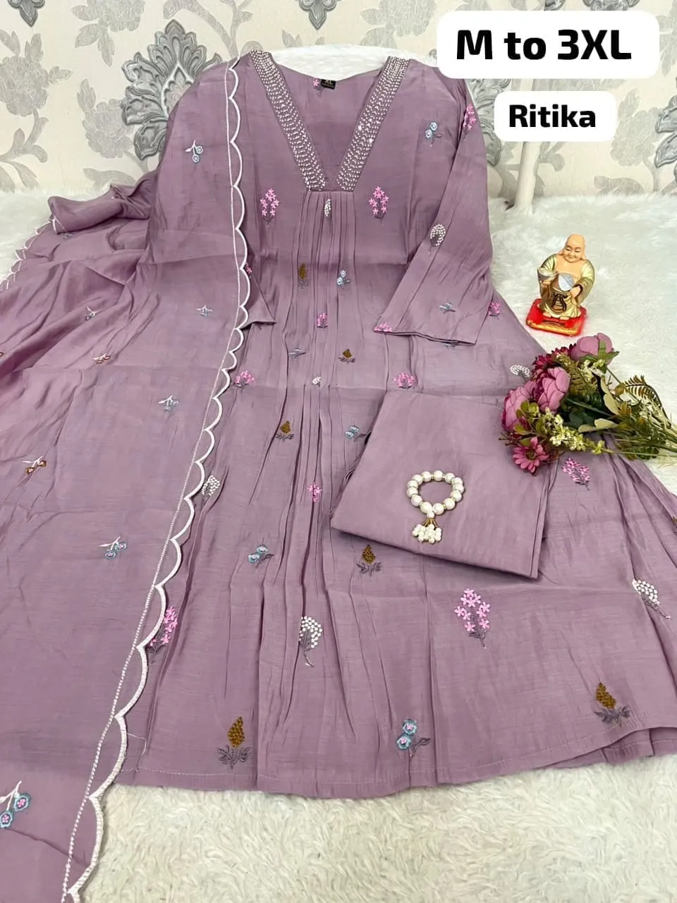 Mul Chanderi Anarkali Suit Set with Pearl Work & Scallop Dupatta