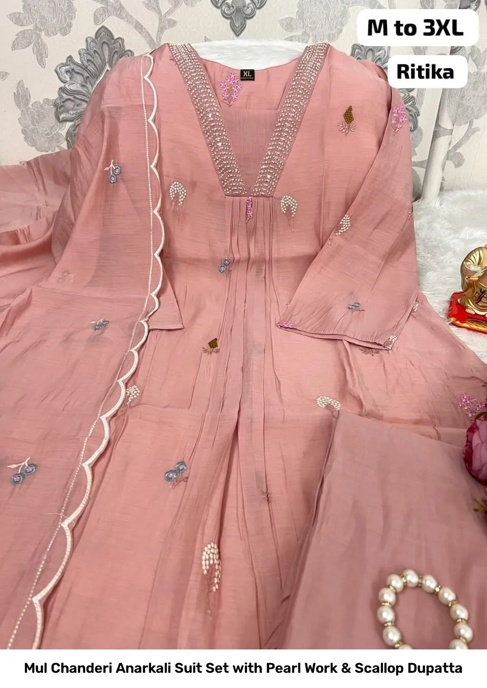 Mul Chanderi Anarkali Suit Set with Pearl Work & Scallop Dupatta 2
