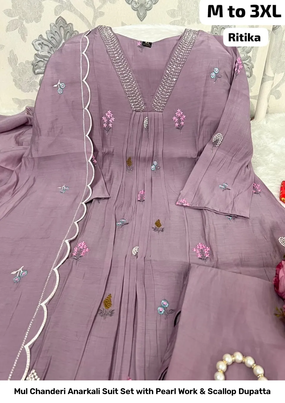 Mul Chanderi Anarkali Suit Set with Pearl Work & Scallop Dupatta 3
