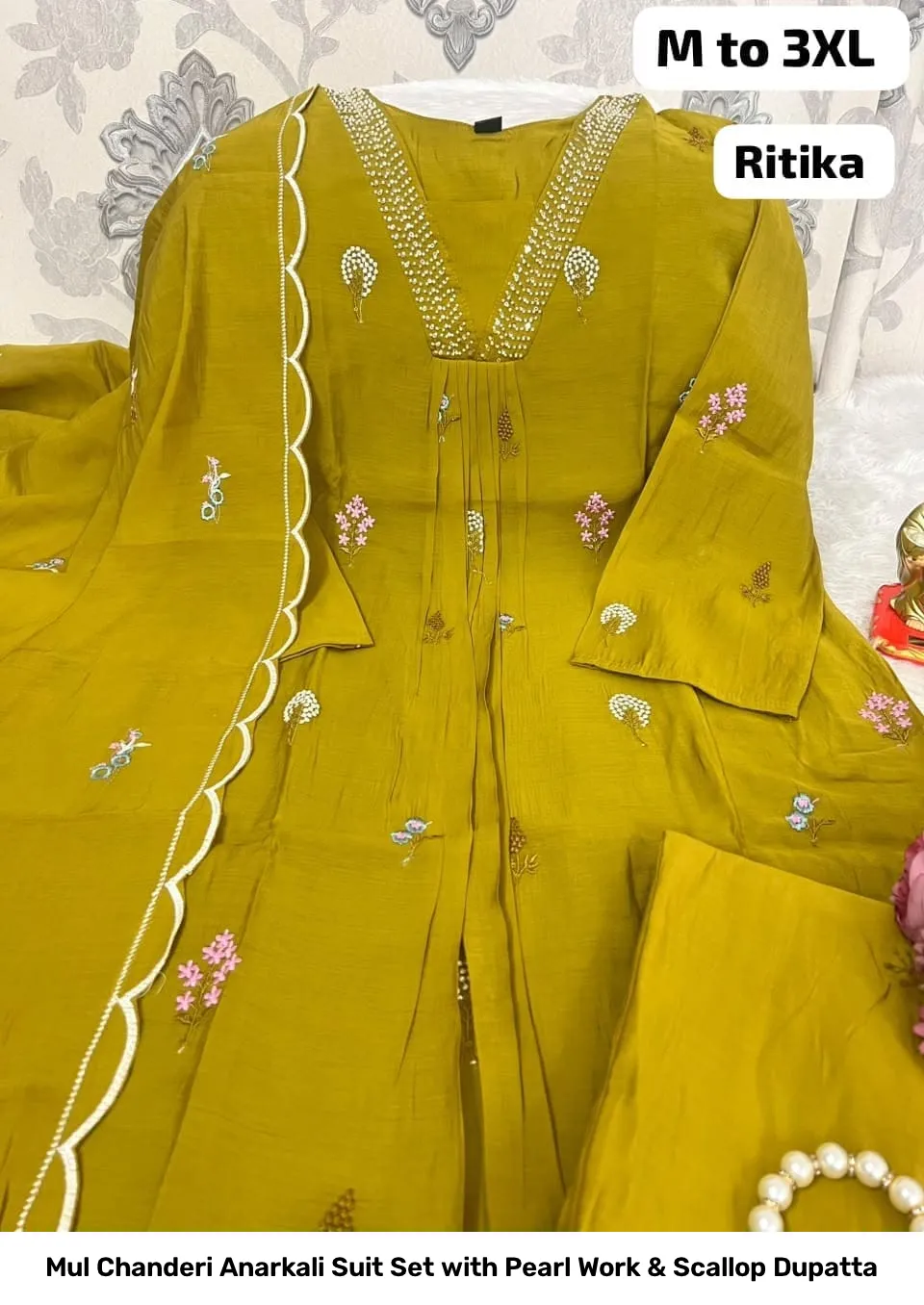 Mul Chanderi Anarkali Suit Set with Pearl Work & Scallop Dupatta 4