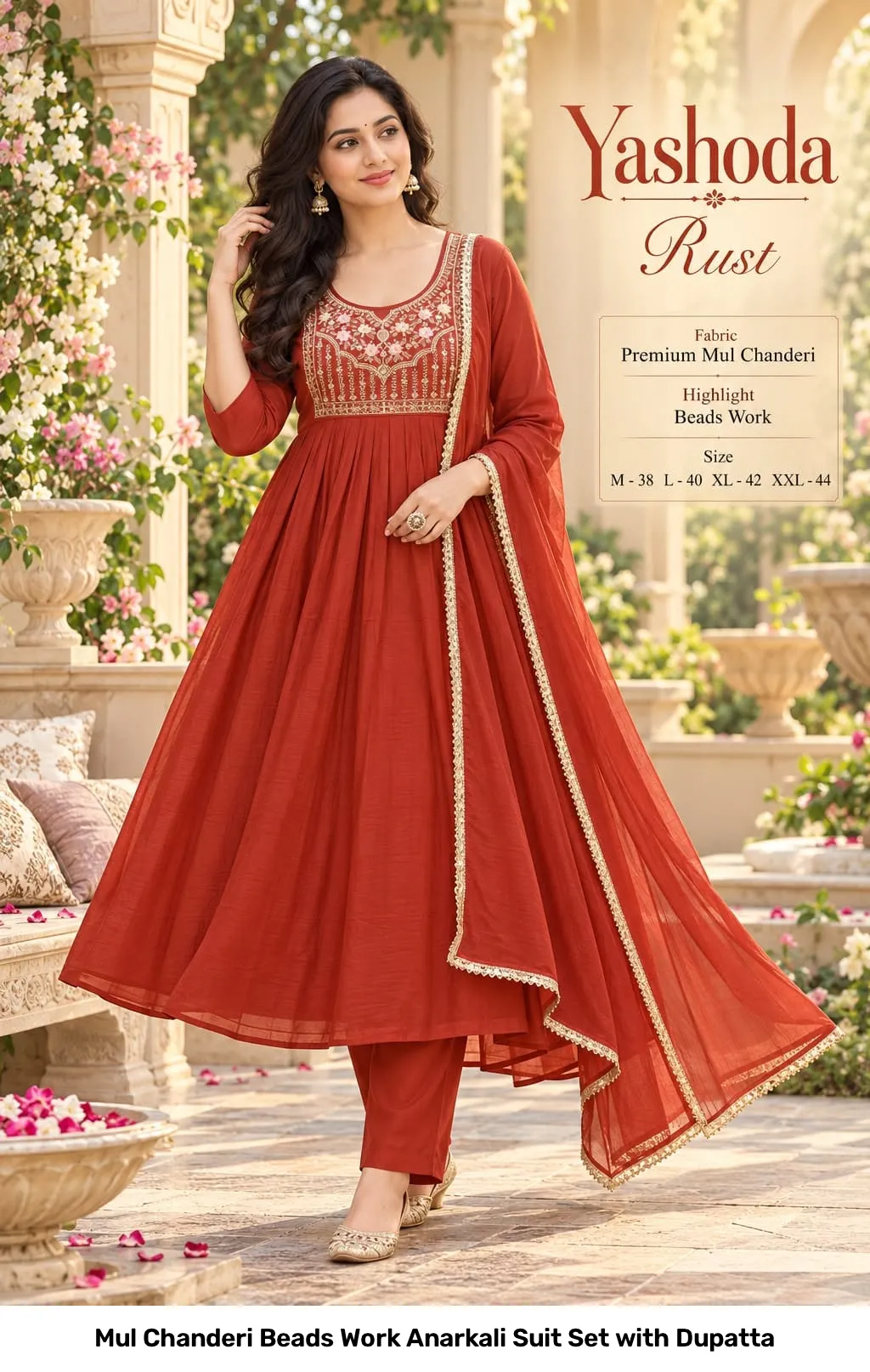 Mul Chanderi Beads Work Anarkali Suit Set with Dupatta 3