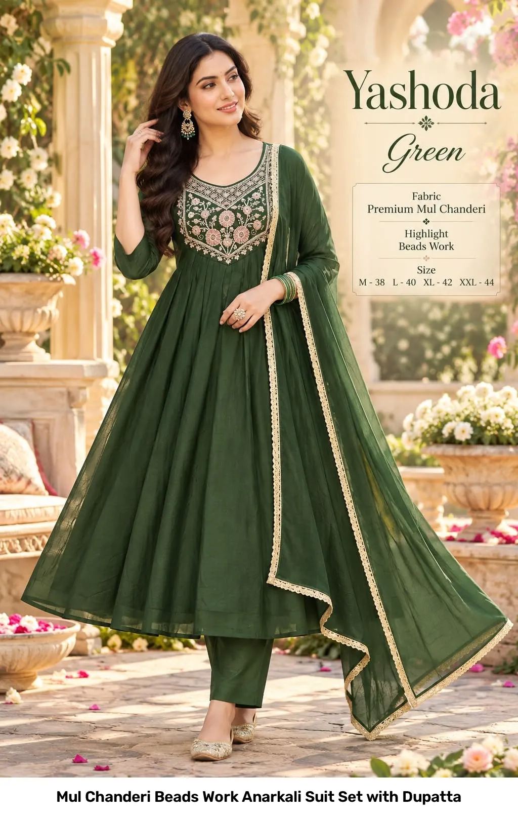 Mul Chanderi Beads Work Anarkali Suit Set with Dupatta 4