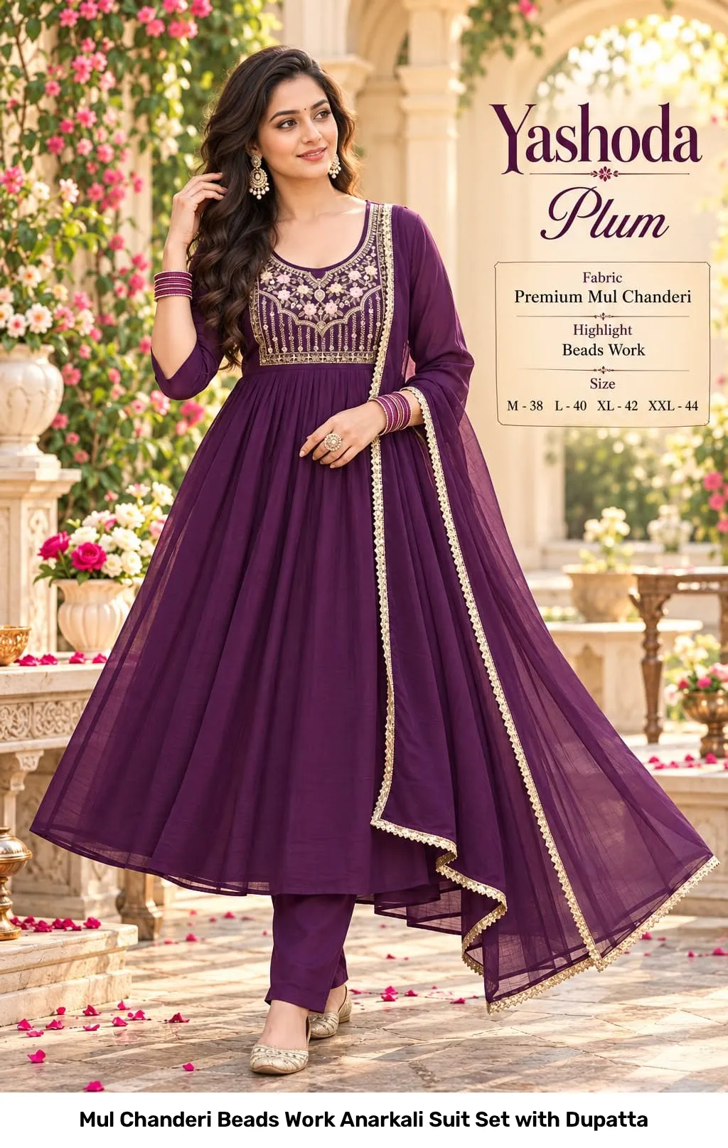 Mul Chanderi Beads Work Anarkali Suit Set with Dupatta 6