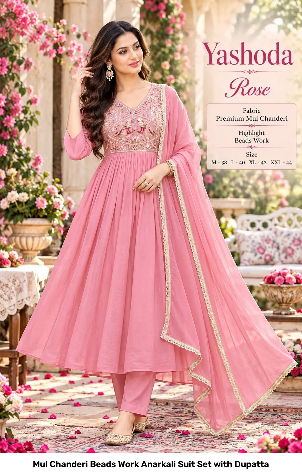 Mul Chanderi Beads Work Anarkali Suit Set with Dupatta 7