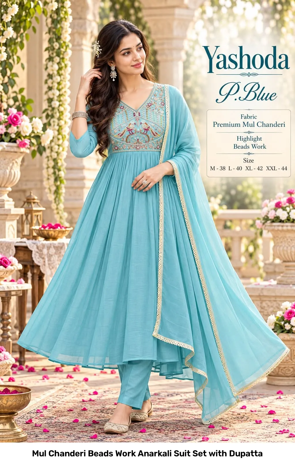 Mul Chanderi Beads Work Anarkali Suit Set with Dupatta 8