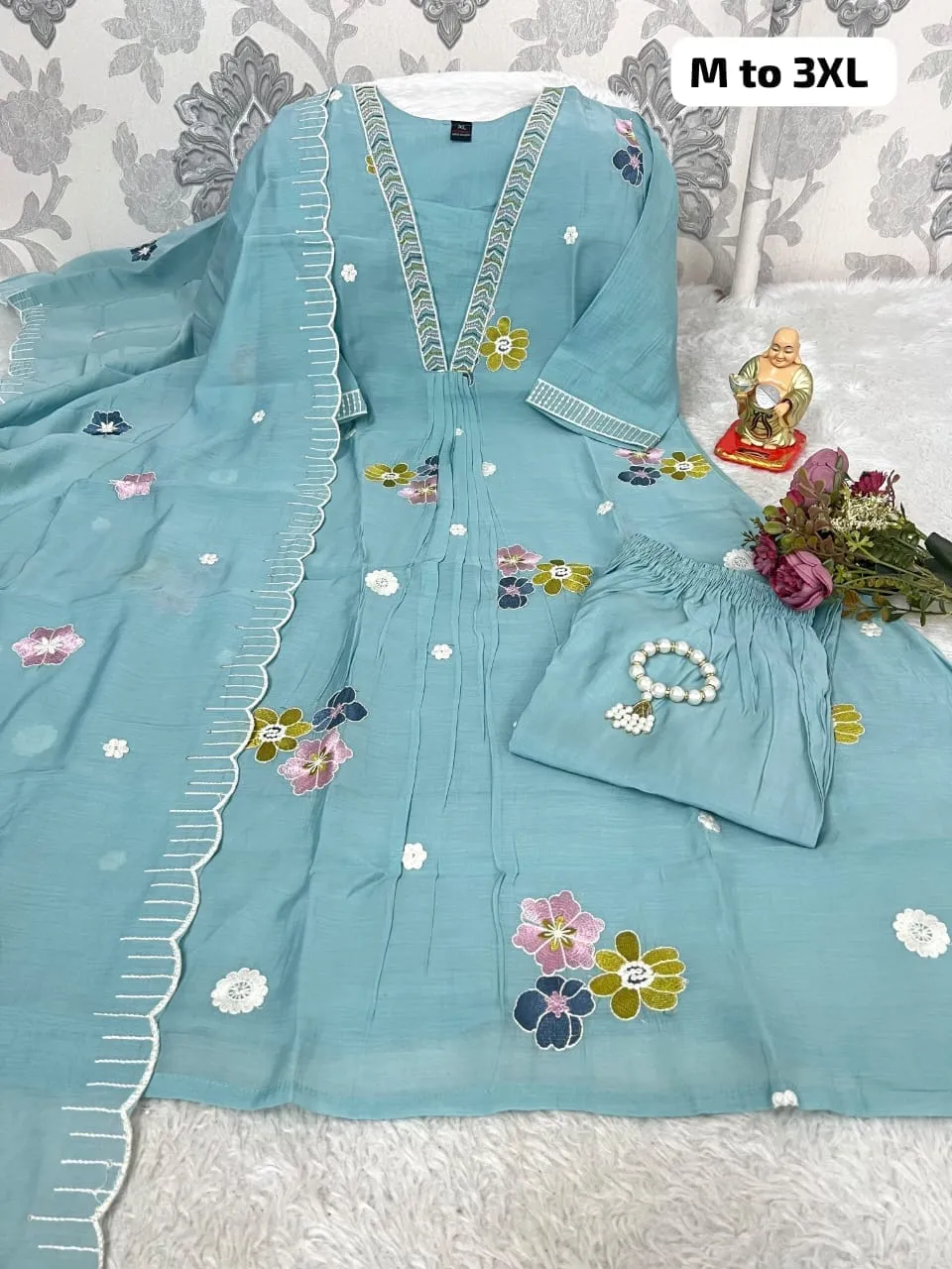 Mul Chanderi Embroidered Anarkali Kurta Set with Scalloped Dupatta & Pant – Ritika Collection