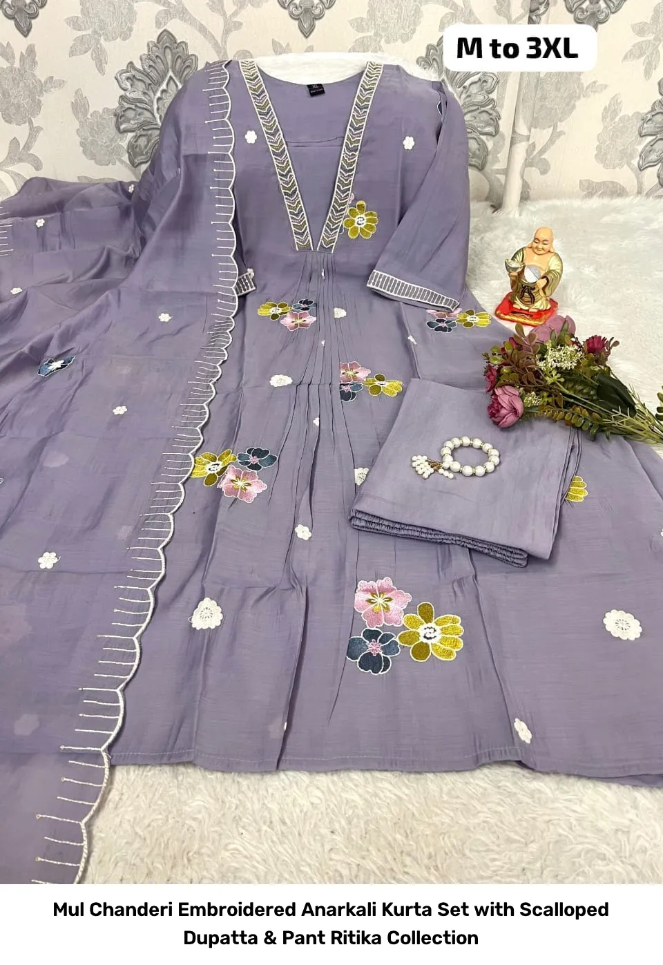 Mul Chanderi Embroidered Anarkali Kurta Set with Scalloped Dupatta & Pant – Ritika Collection 2
