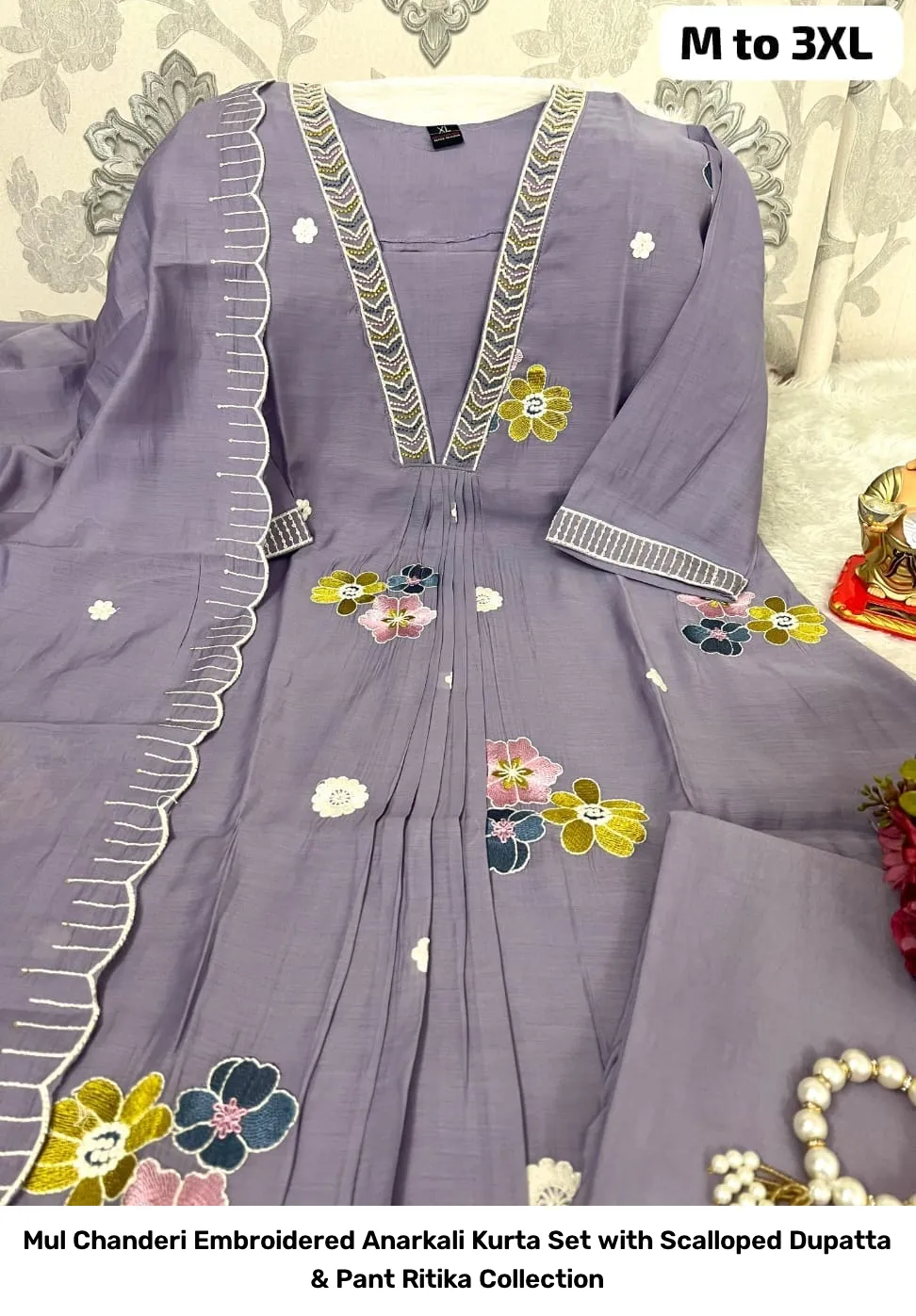 Mul Chanderi Embroidered Anarkali Kurta Set with Scalloped Dupatta & Pant – Ritika Collection 3