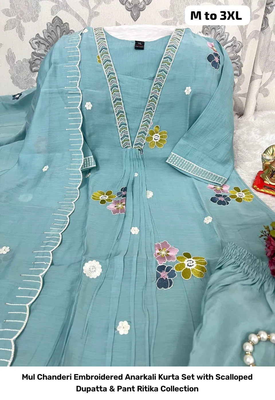 Mul Chanderi Embroidered Anarkali Kurta Set with Scalloped Dupatta & Pant – Ritika Collection 4
