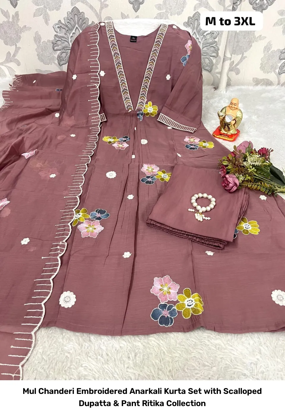 Mul Chanderi Embroidered Anarkali Kurta Set with Scalloped Dupatta & Pant – Ritika Collection 5