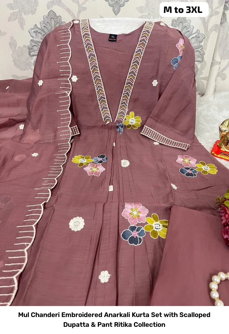 Mul Chanderi Embroidered Anarkali Kurta Set with Scalloped Dupatta & Pant – Ritika Collection 6