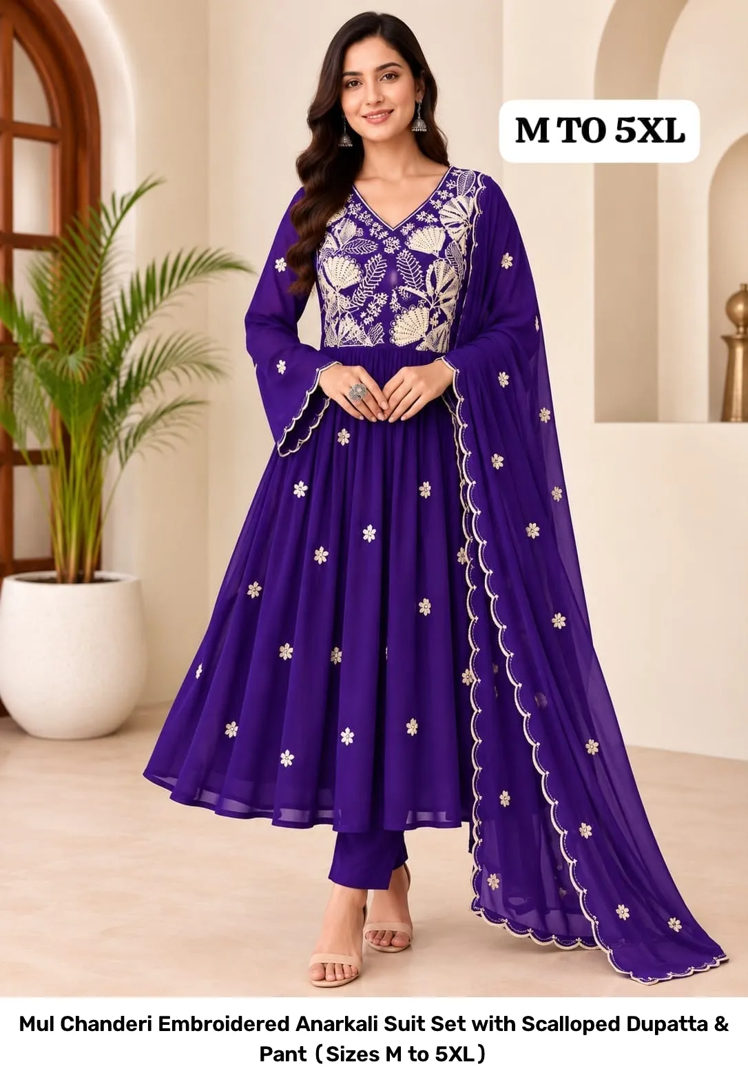 Mul Chanderi Embroidered Anarkali Suit Set with Scalloped Dupatta & Pant (Sizes M to 5XL) 2