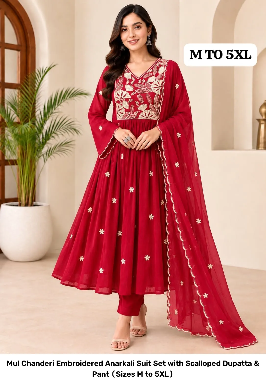 Mul Chanderi Embroidered Anarkali Suit Set with Scalloped Dupatta & Pant (Sizes M to 5XL) 3