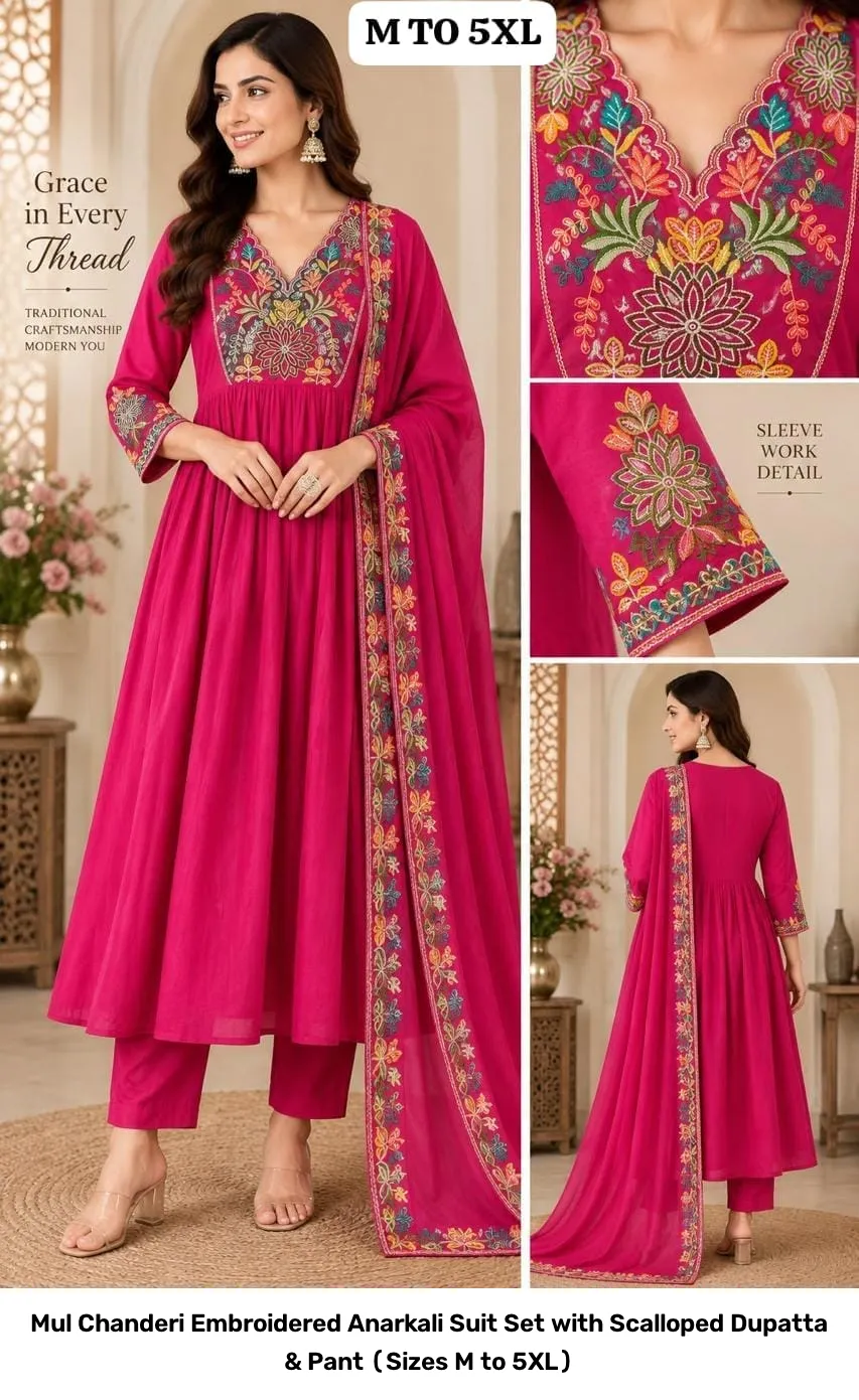 Mul Chanderi Embroidered Anarkali Suit Set with Scalloped Dupatta & Pant (Sizes M to 5XL) 4