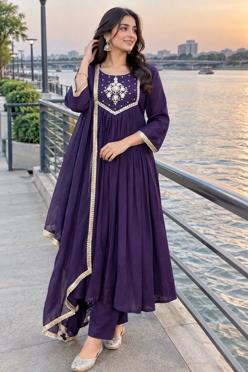 Mul Chanderi Handwork Anarkali Kurta Pant Set with Lace Border Dupatta (M to XXL)