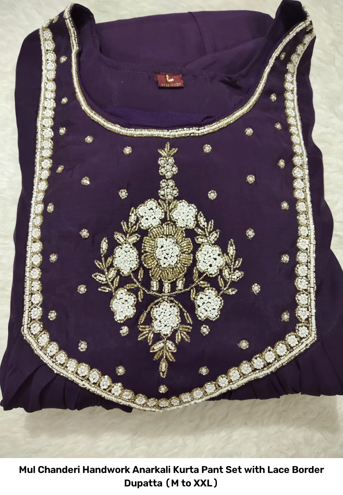 Mul Chanderi Handwork Anarkali Kurta Pant Set with Lace Border Dupatta (M to XXL) 3
