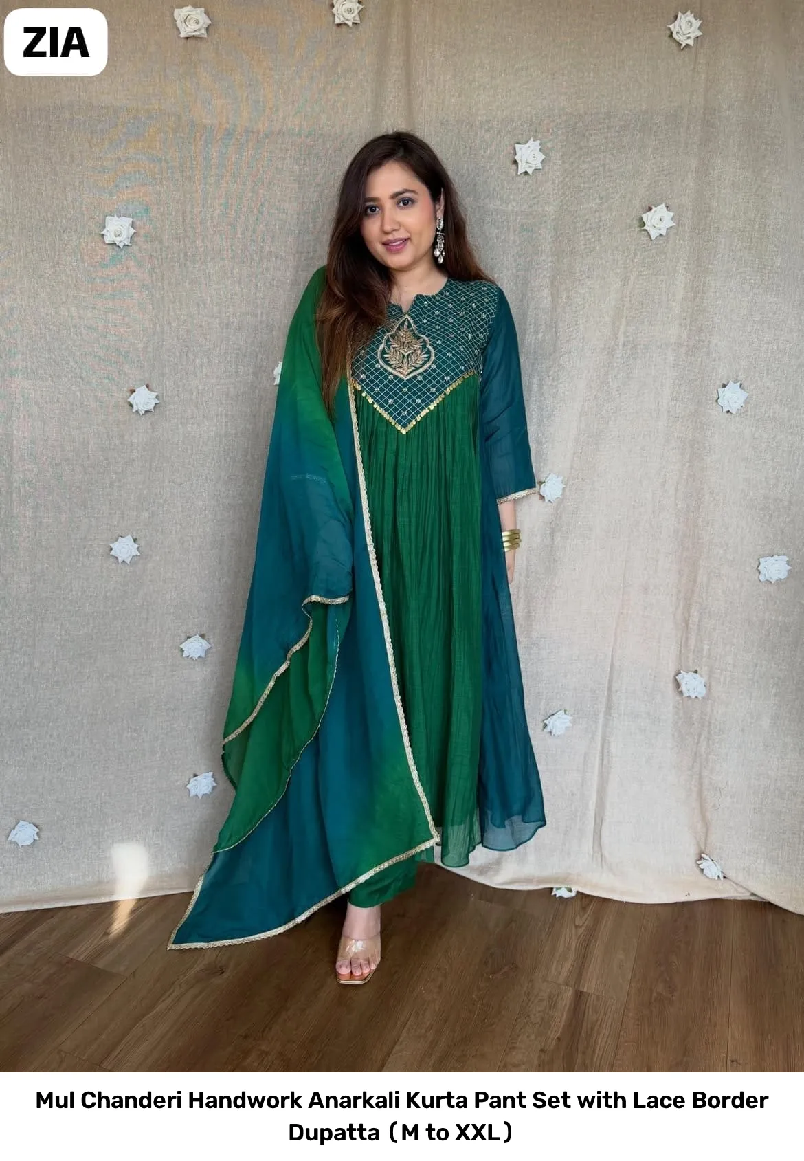 Mul Chanderi Handwork Anarkali Kurta Pant Set with Lace Border Dupatta (M to XXL) 4