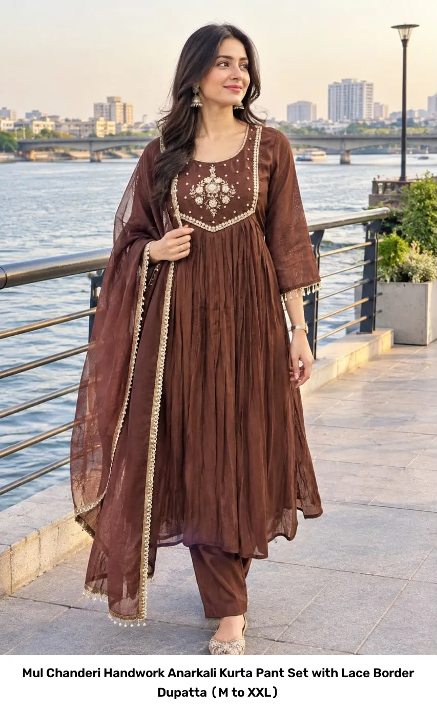 Mul Chanderi Handwork Anarkali Kurta Pant Set with Lace Border Dupatta (M to XXL) 5