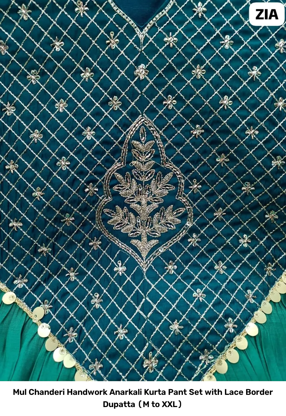 Mul Chanderi Handwork Anarkali Kurta Pant Set with Lace Border Dupatta (M to XXL) 6