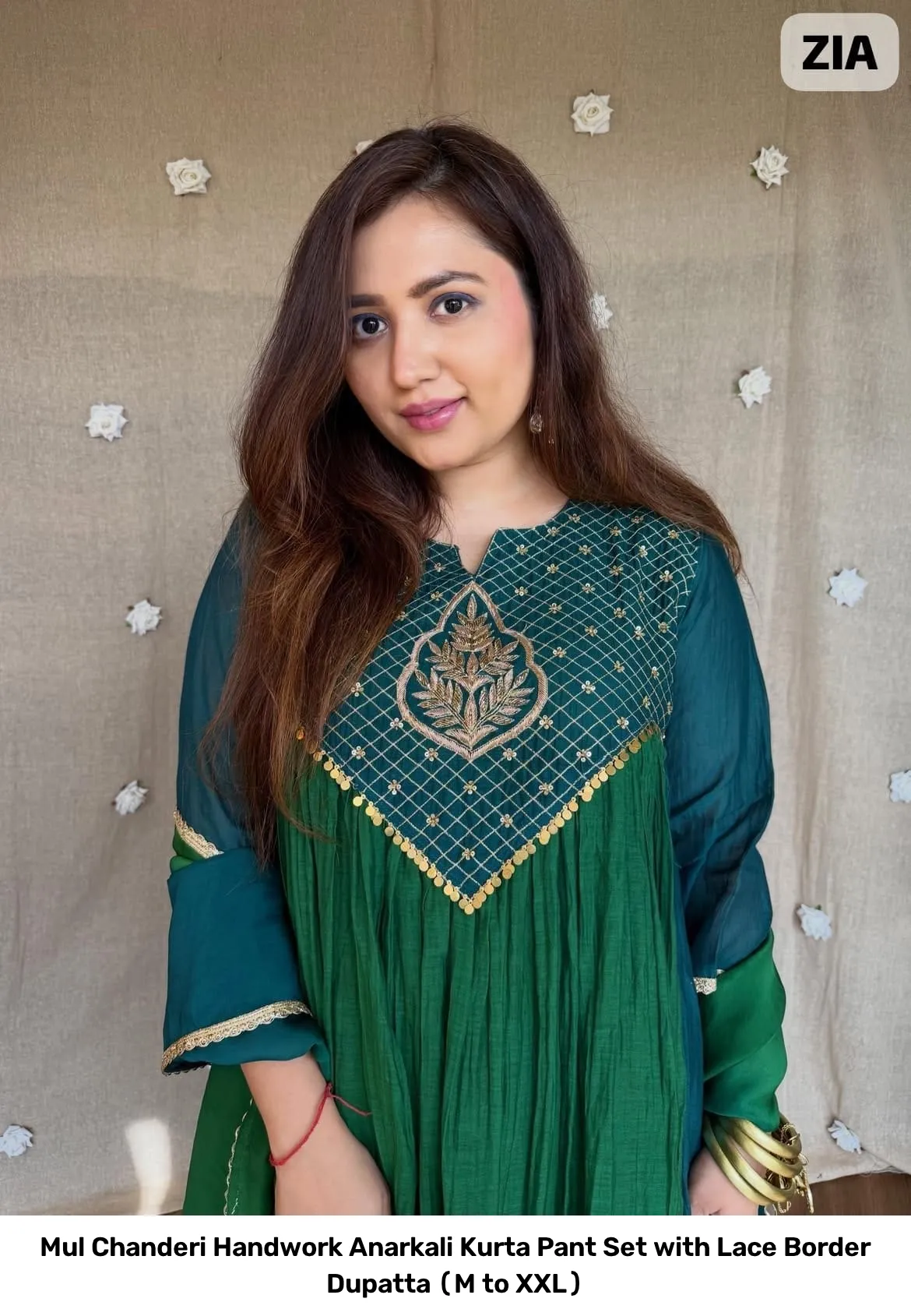 Mul Chanderi Handwork Anarkali Kurta Pant Set with Lace Border Dupatta (M to XXL) 7