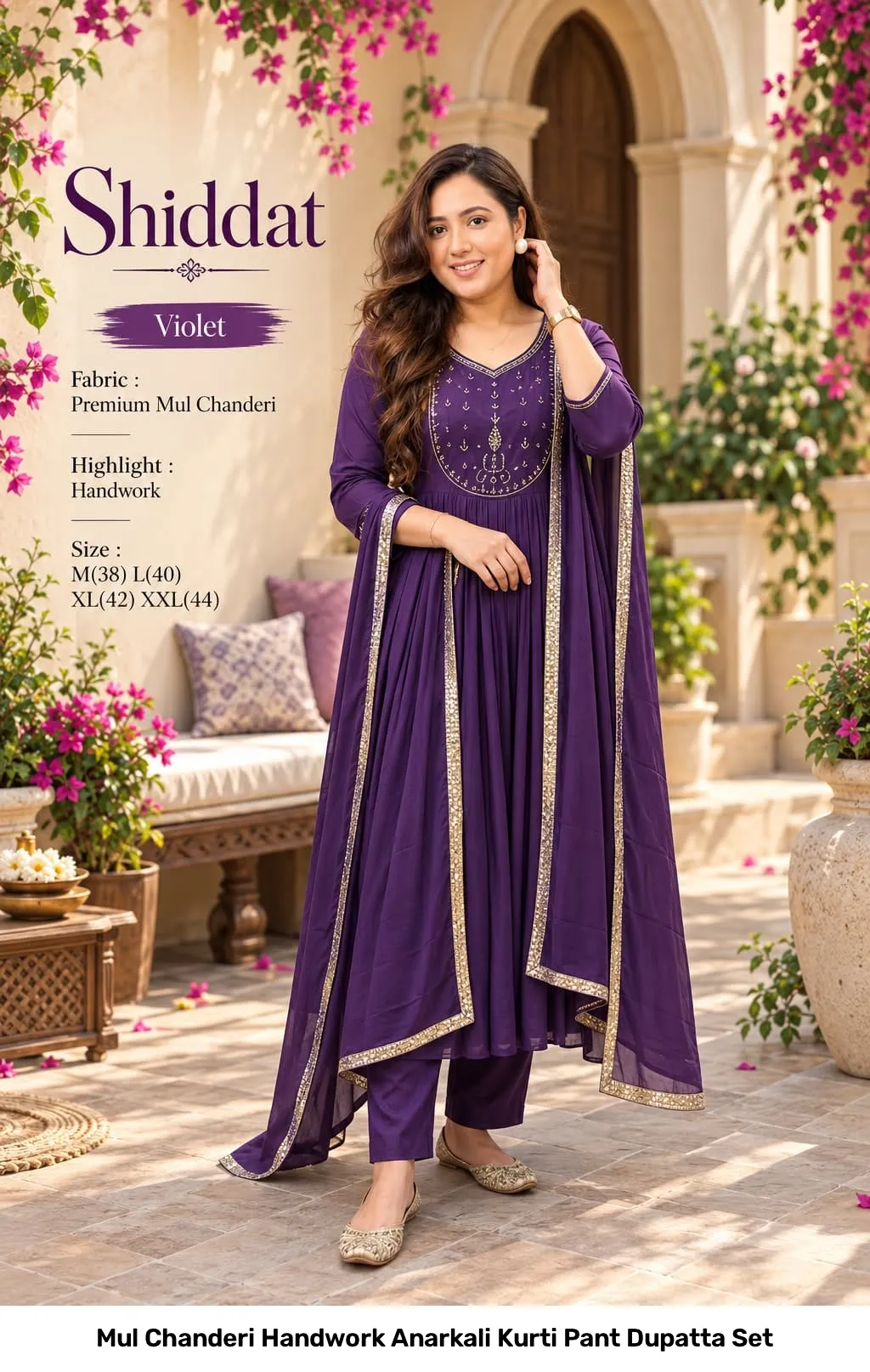 Mul Chanderi Handwork Anarkali Kurti Pant Dupatta Set 10