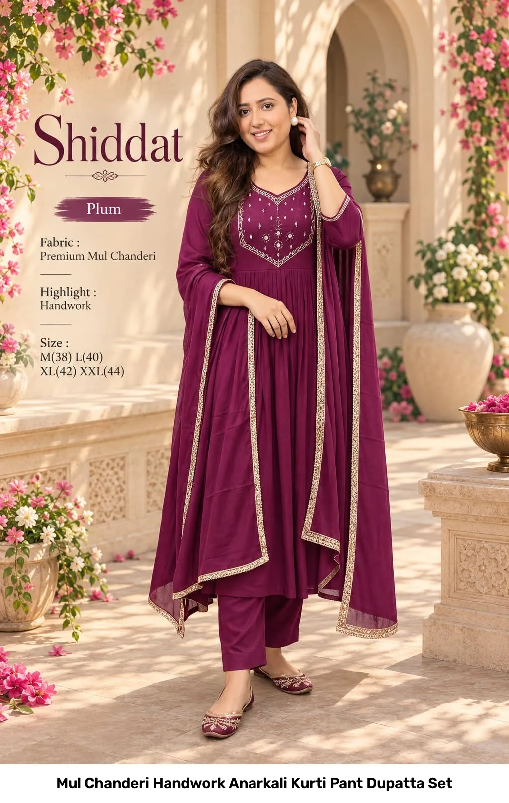 Mul Chanderi Handwork Anarkali Kurti Pant Dupatta Set 11