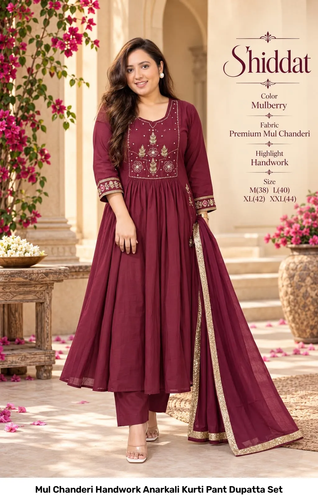 Mul Chanderi Handwork Anarkali Kurti Pant Dupatta Set 12