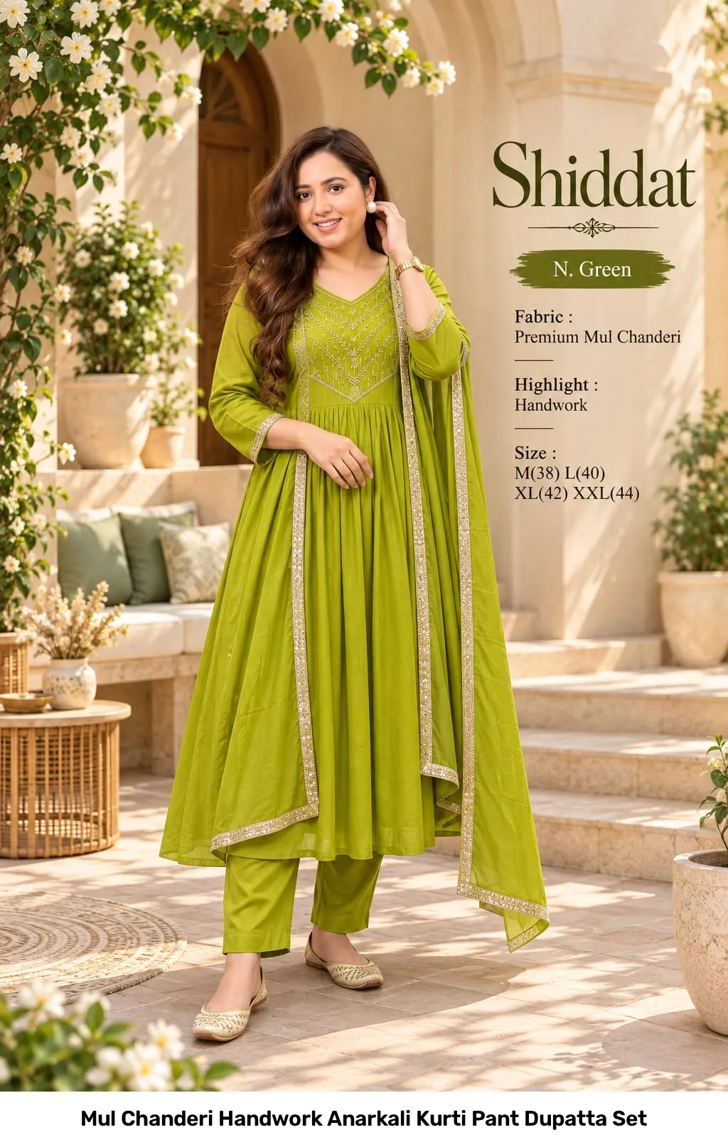 Mul Chanderi Handwork Anarkali Kurti Pant Dupatta Set 13